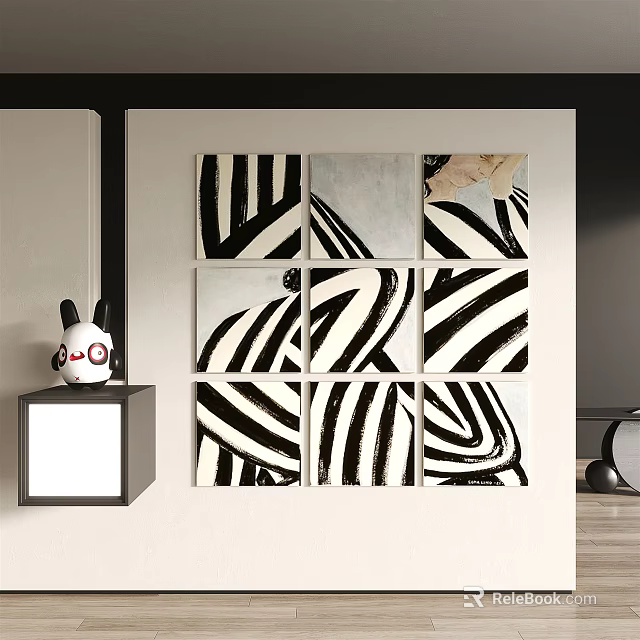 Modern Interior With Black And White Striped Nine Panel Artwork And Rabbit Figure 3d model 