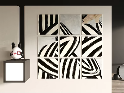 Modern Interior With Black And White Striped Nine Panel Artwork And Rabbit Figure 3d model