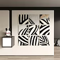 Modern Interior With Black And White Striped Nine Panel Artwork And Rabbit Figure 3d model