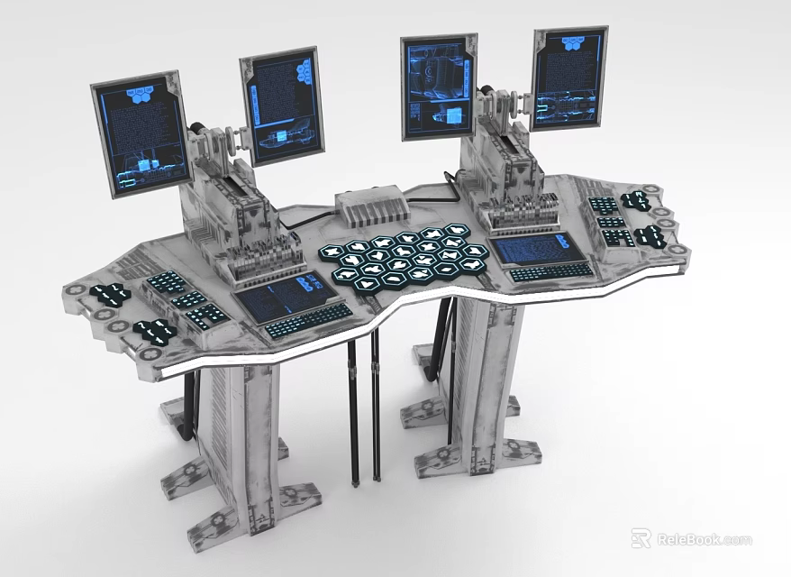 Futuristic Control Console With Multiple Digital Screens And Metallic Control Buttons 3d model 