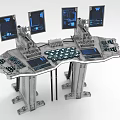 Futuristic Control Console With Multiple Digital Screens And Metallic Control Buttons