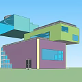 Modern Detached Villa With Geometric Design Colorful Exterior And Large Windows