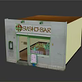 Cartoon Sushi Bar Scene With Red Sign White Building And Front Entrance Details