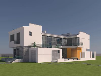 Modern Detached Villa Exterior Design With White Walls Glass Windows And Green Lawn 3d model