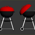 Two Red And Black Electric Grills With Wheels Open Closed Lids And Grill Grates