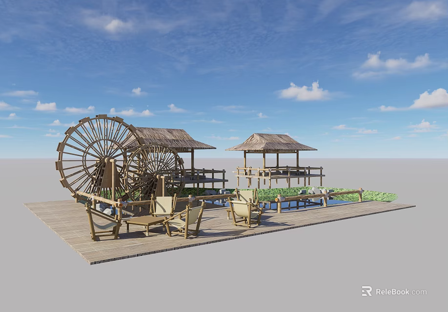 Scenic Landscape Pavilion With Large Wooden Waterwheel Relaxing Chairs And Wooden Platform Under Blue Sky 3d model 