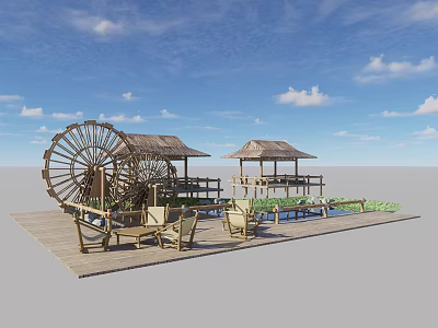 Scenic Landscape Pavilion With Large Wooden Waterwheel Relaxing Chairs And Wooden Platform Under Blue Sky 3d model