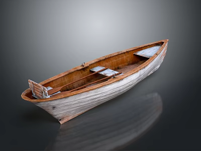 Vintage Wooden Boat With White Exterior Brown Interior Seats On Reflective Surface 3d model