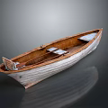 Vintage Wooden Boat With White Exterior Brown Interior Seats On Reflective Surface