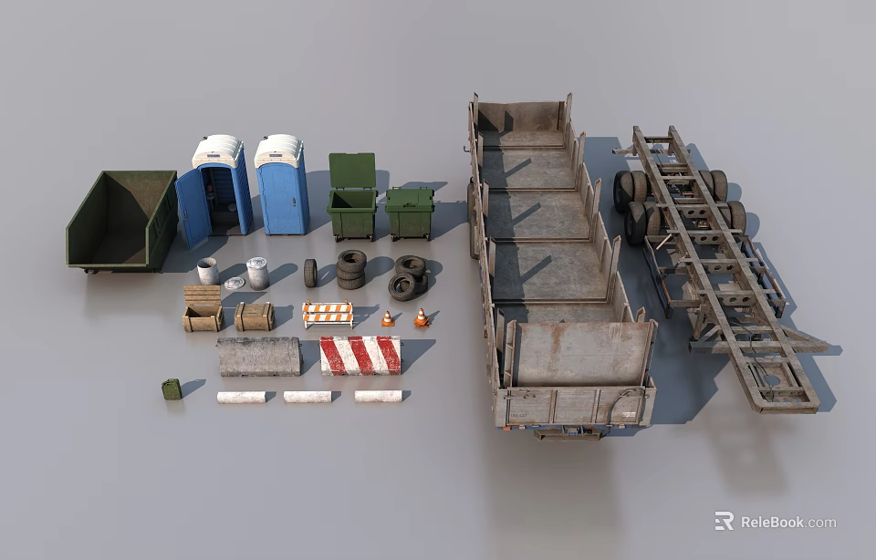 Diverse Range of Industrial Equipment Including Trash Bins Trailers Barriers Cones And Parts 3d model 