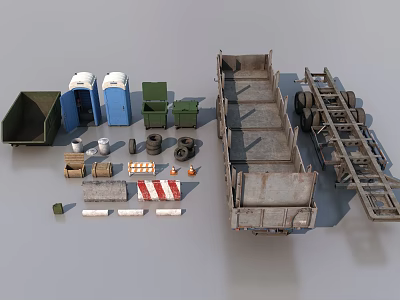 Diverse Range of Industrial Equipment Including Trash Bins Trailers Barriers Cones And Parts 3d model