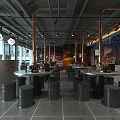 Industrial Style Restaurant Interior With Copper Pipes Green Plant Wall Round Tables And Black Stools