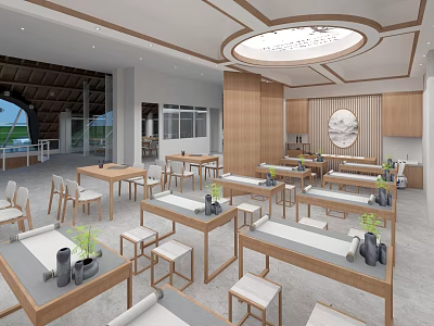 School Modern Learning Space Interior With Wooden Tables Chairs Green Plants And Round Ceiling Lamp 3d model