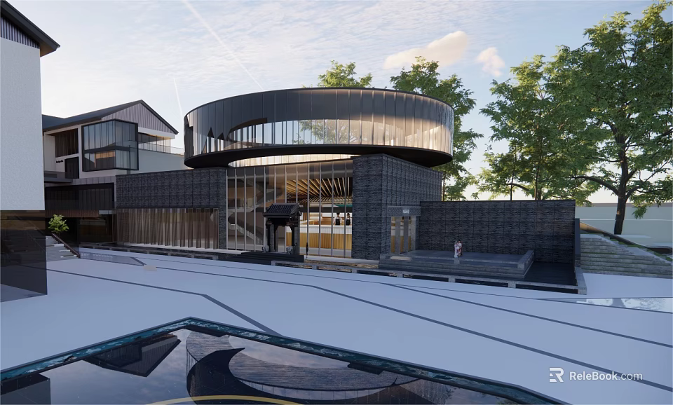 Modern Commercial Street With Circular Glass Building Green Trees And Pedestrian Area 3d model 