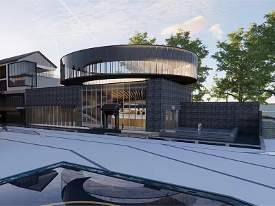 Modern Commercial Street With Circular Glass Building Green Trees And Pedestrian Area 3d model
