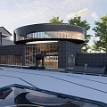 Modern Commercial Street With Circular Glass Building Green Trees And Pedestrian Area