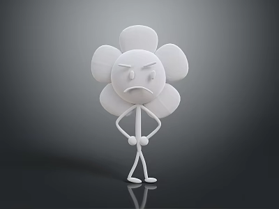 White Anthropomorphic Flower With Frowning Face Arms Legs And Hands On Hips Standing Dark Background 3d model
