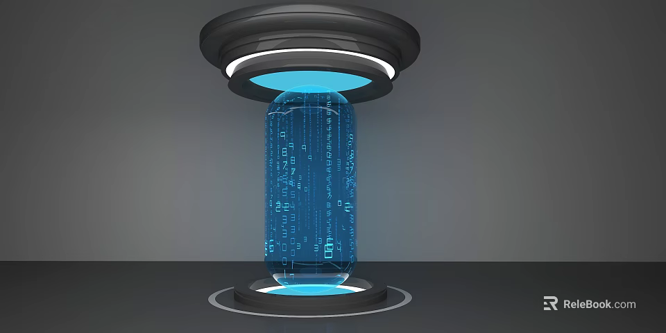Technology Exhibition Hall Featuring Transparent Cylinder With Blue Data Flow And Ring Lights 3d model 