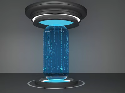 Technology Exhibition Hall Featuring Transparent Cylinder With Blue Data Flow And Ring Lights 3d model