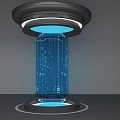 Technology Exhibition Hall Featuring Transparent Cylinder With Blue Data Flow And Ring Lights