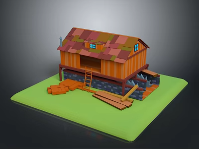 Colorful Roof Wooden House With Orange Walls Ladder Stone Base And Green Grass 3d model
