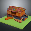 Colorful Roof Wooden House With Orange Walls Ladder Stone Base And Green Grass