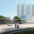 Blue Sky Above Modern Glass Building with Water Pool Reflection and Green Trees