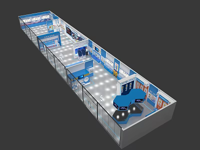 Modern Exhibition Booth Design With Car Display Blue Elements Glass Walls And Lighting 3d model