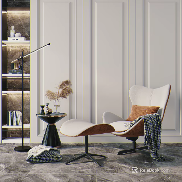 White Single Sofa with Brown Cushion Ottoman and Floor Lamp in Modern Living Room 3d model 