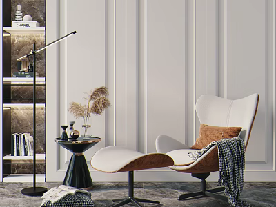 White Single Sofa with Brown Cushion Ottoman and Floor Lamp in Modern Living Room 3d model