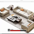 Modern Light Beige Sofa and Coffee Table Set With Orange Accent Pillows and Wooden Table