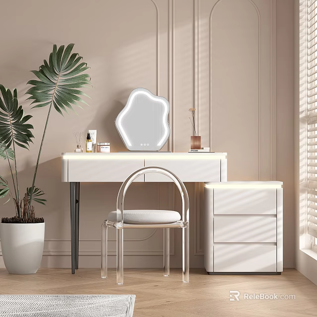 Modern Minimalist Dressing Table Interior With Unique Mirror Acrylic Chair Potted Plant And Light Cabinets 3d model 
