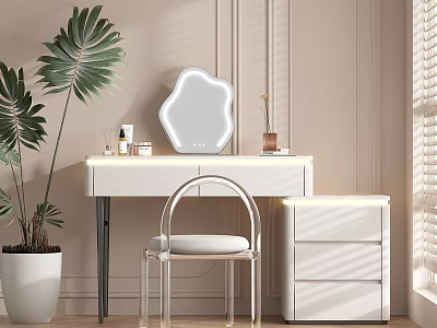 Modern Minimalist Dressing Table Interior With Unique Mirror Acrylic Chair Potted Plant And Light Cabinets 3d model