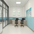 Hospital Waiting Area With Blue Chairs White Light Blue Walls Glass Windows And Ceiling Lights