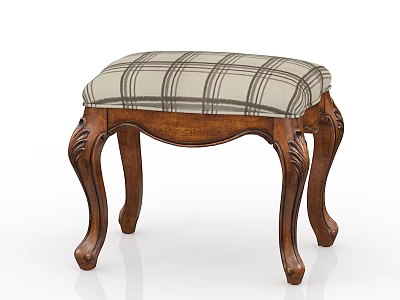 Elegant Classic Wooden Stool With Plaid Upholstered Seat And Carved Legs 3d model