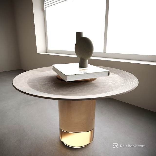 Round Wooden Table With Golden Base And Decorative Vase On Book In Minimalist Room 3d model 
