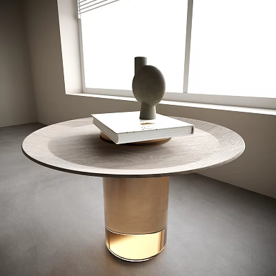 Round Wooden Table With Golden Base And Decorative Vase On Book In Minimalist Room 3d model