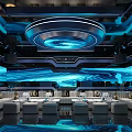Luxury Modern KTV Lounge Interior With Blue Lighting Circular Decor And Sofa Area