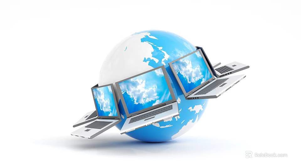 Open Laptops Around Blue Globe Showing Blue Sky And White Clouds On Screens 3d model 