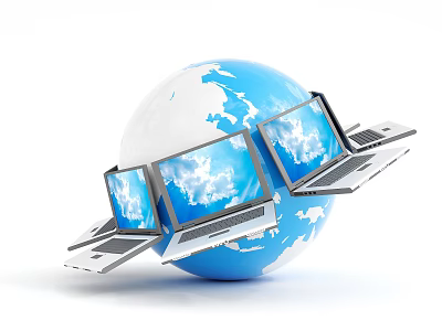 Open Laptops Around Blue Globe Showing Blue Sky And White Clouds On Screens 3d model
