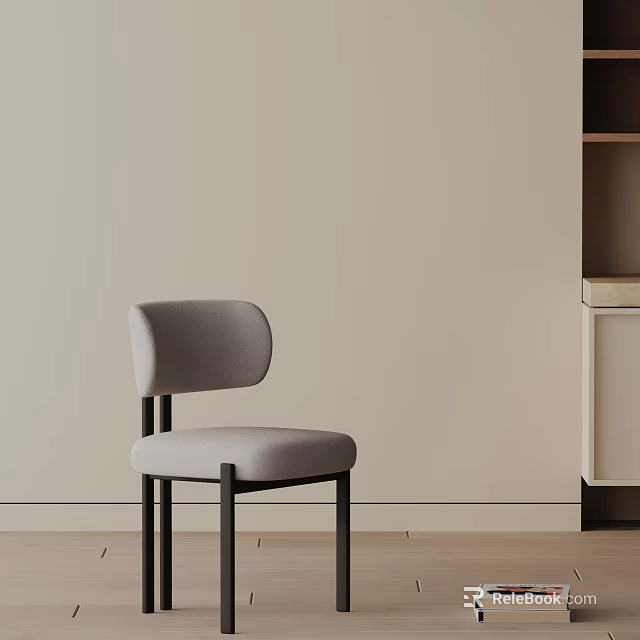 Gray Upholstered Modern Dining Chair With Black Legs In Beige Wall Wooden Floor Interior 3d model 