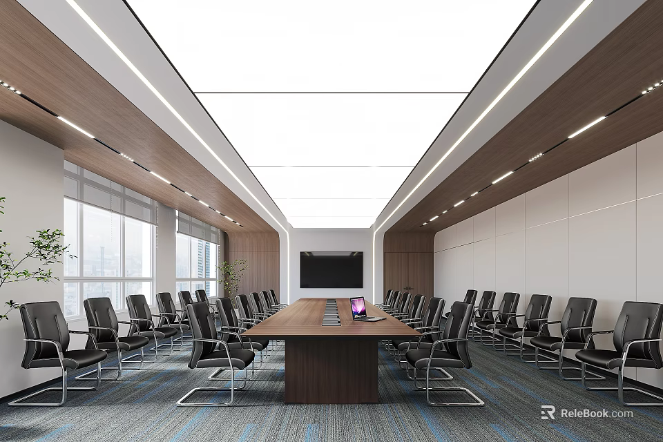 Modern Conference Room Featuring Long Wooden Table Black Chairs Large Screen And City View Windows 3d model 