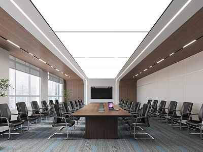 Modern Conference Room Featuring Long Wooden Table Black Chairs Large Screen And City View Windows 3d model
