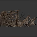 Jumbled Construction Debris Pile With Wooden Planks And Metal Structures