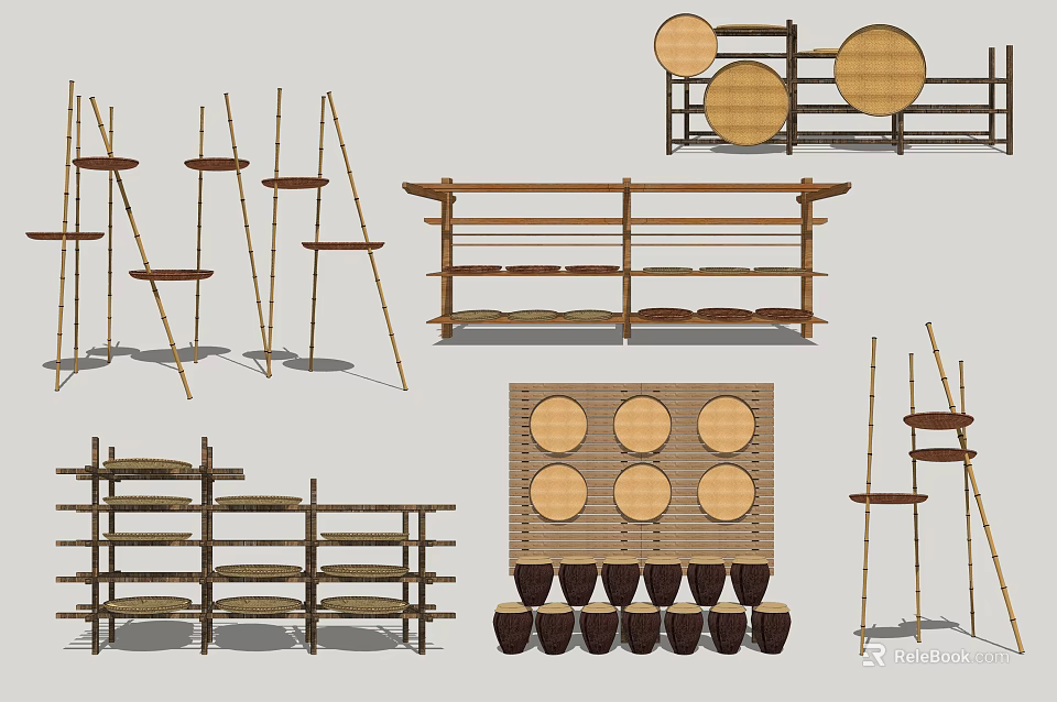 Various Wooden Shelving Units With Multiple Tiers And Circular Elements For Home Storage 3d model