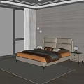Modern Bedroom Interior With Wooden Wall King Bed Nightstand Pendant Lights And Curtains