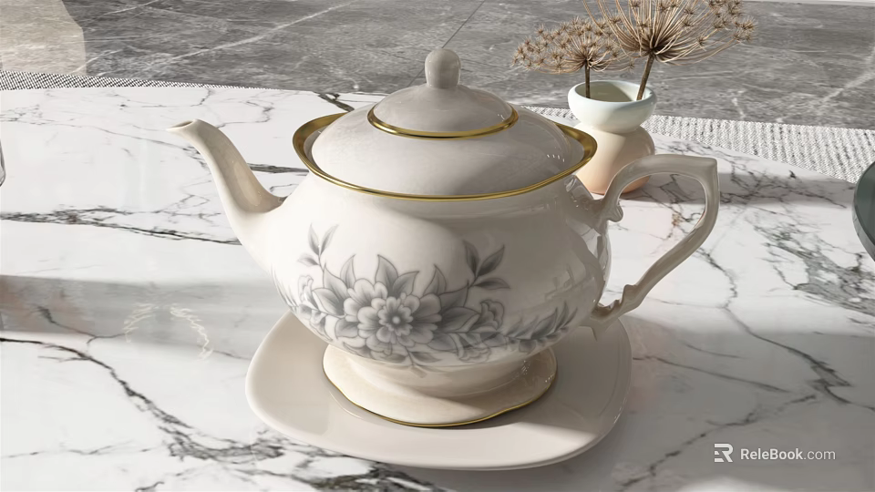 Elegant White Tea Set with Gold Rim and Floral Pattern on Marble Table 3d model 