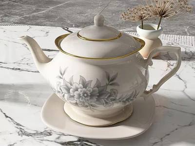 Elegant White Tea Set with Gold Rim and Floral Pattern on Marble Table 3d model