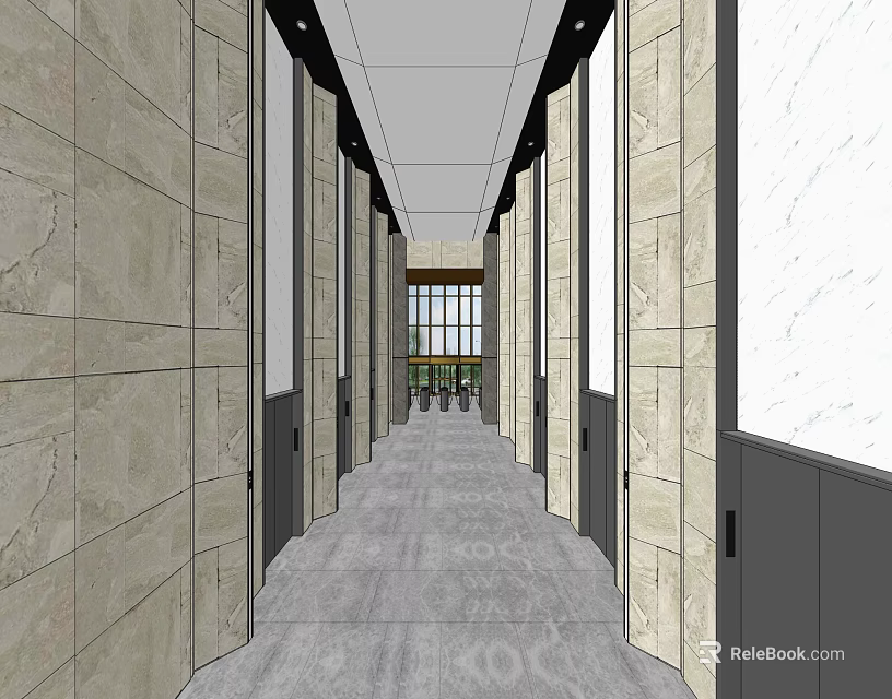 Minimalist Front Desk Reception Corridor With Marble Walls Gray Flooring And Glass Doors 3d model 