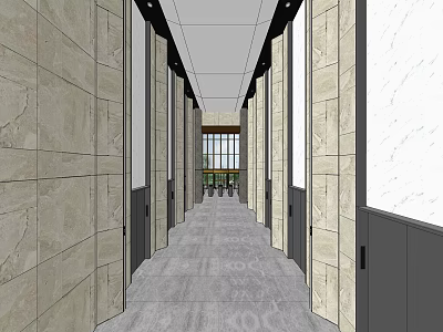 Minimalist Front Desk Reception Corridor With Marble Walls Gray Flooring And Glass Doors 3d model